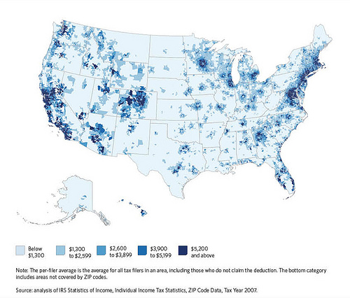 [ The white pinpoints (cities) are where the federal mortgage interest deduction is helping people the least. However, the feds are helping the suburbs sprawl. Image: Pew Center on the States ]